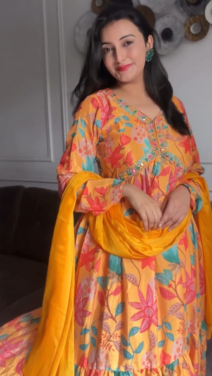Mt Haldi Special Wedding Wear Chinon Kurti With Bottom Dupatta Wholesale Market In Surat